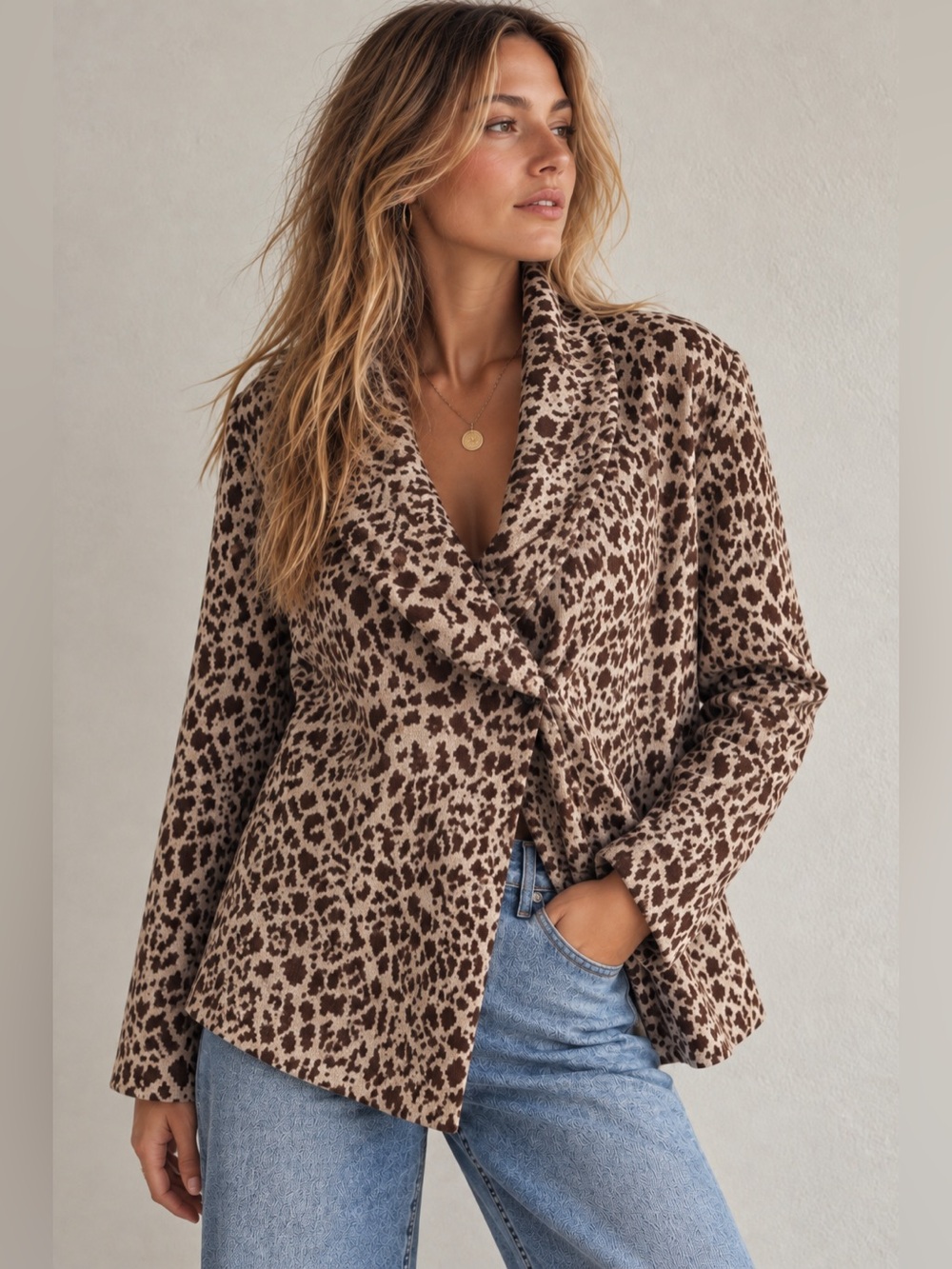David Brooks Leopard Print Jacket Women's Brown Tan Cowl Neck Textured - Large